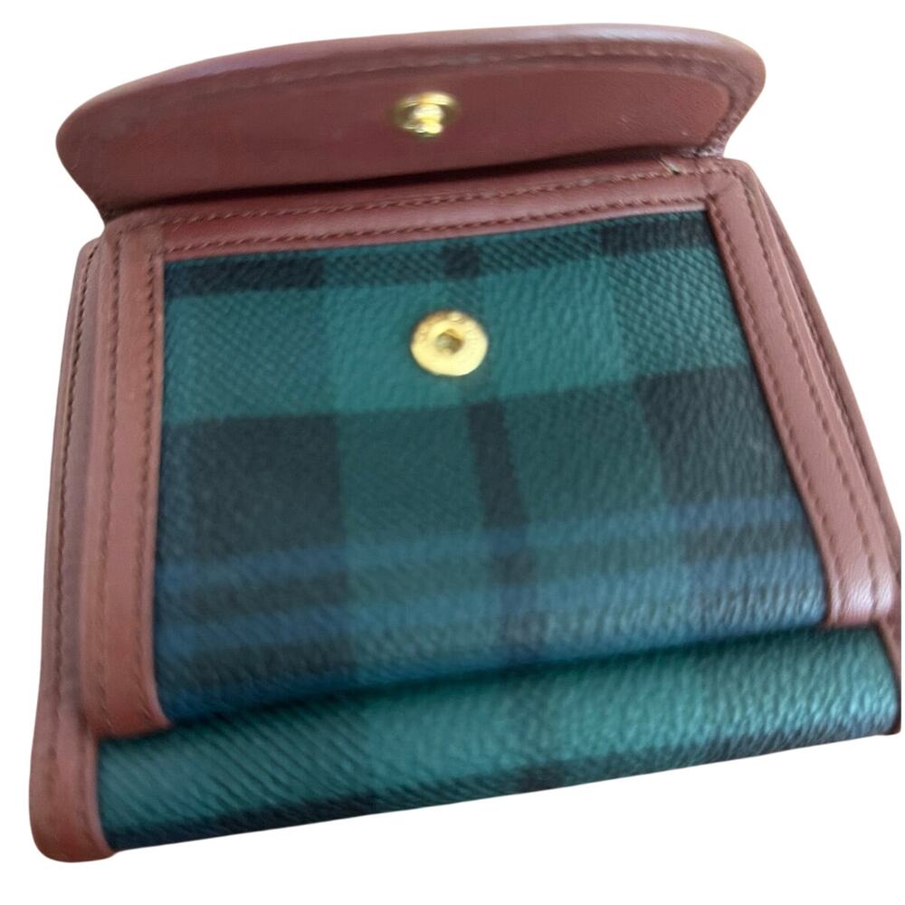 Polo Ralph Lauren Elegant wallet blue and green plaid pattern rich brown trim - Picture 2 of 8